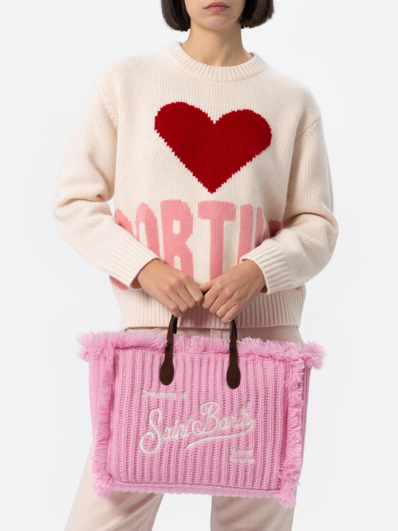 Borsa Colette in maglia a coste rosa con ricamo del logo