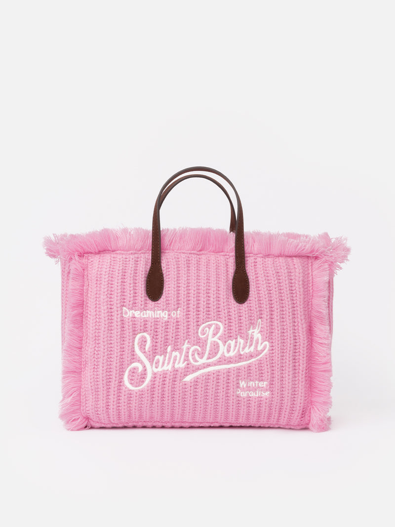 Pink rib knit Colette handbag with logo embroidery