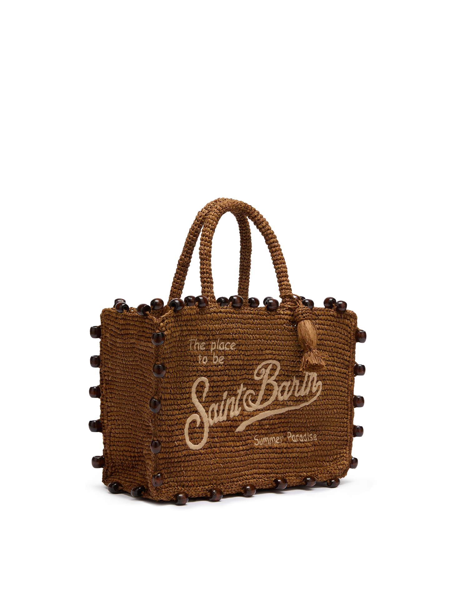 Colette raffia bag with embroidered logo and applied beads