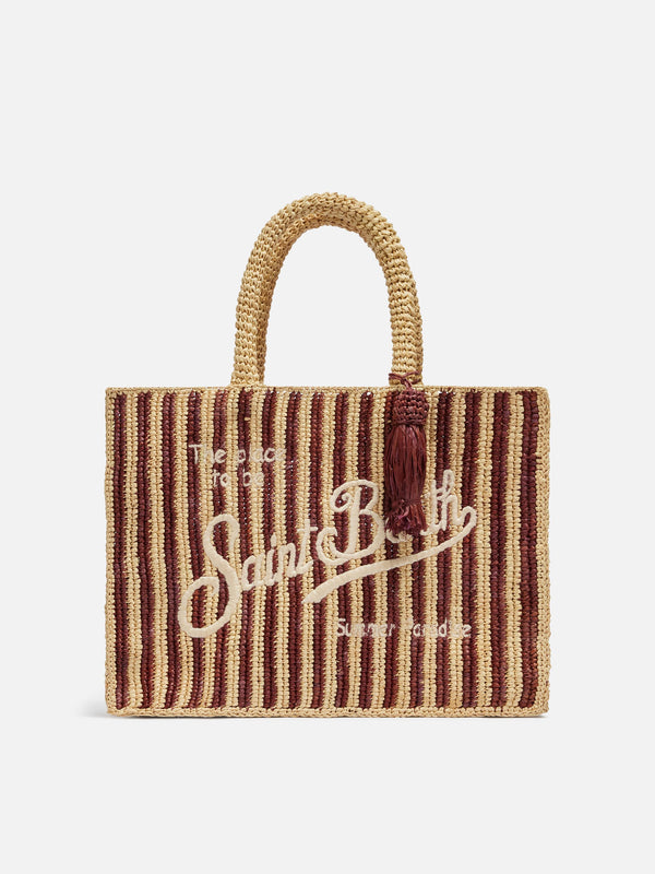 Colette Raffia brown striped handbag with logo  embroidery