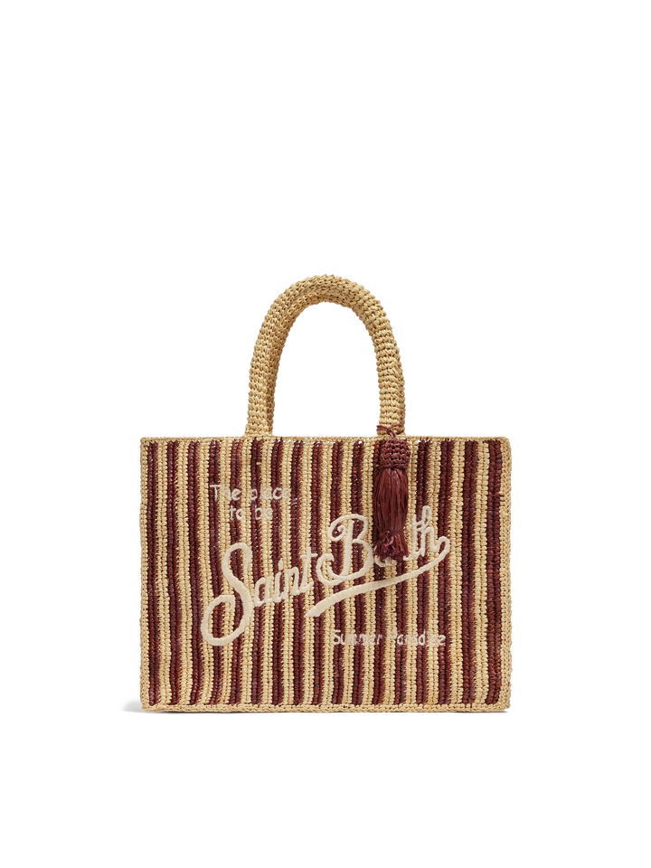 Borsa Colette in rafia a righe marroni con logo ricamato