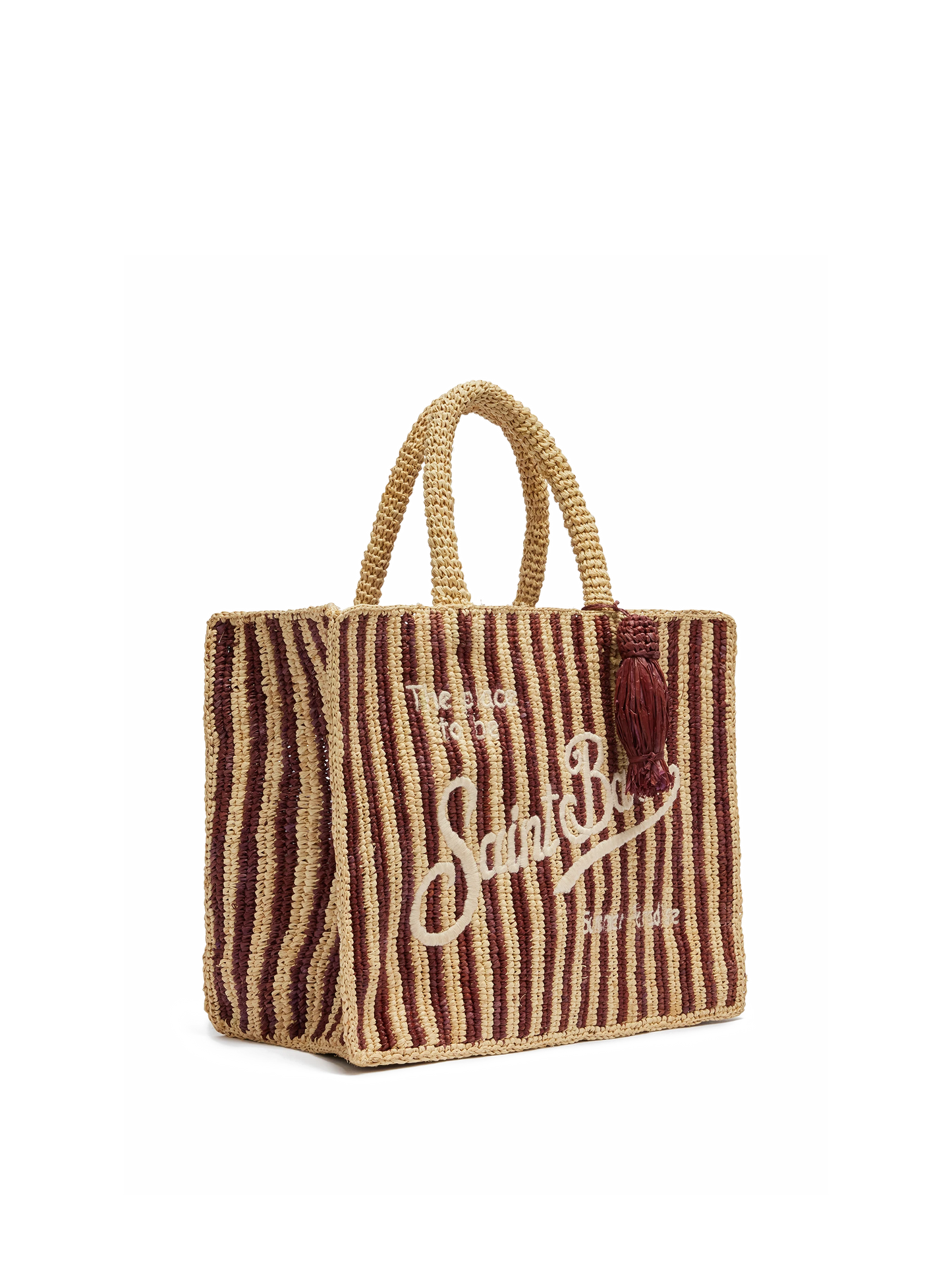 Gestreifte Colette-Tasche aus Raffia mit gesticktem Logo und Quaste 