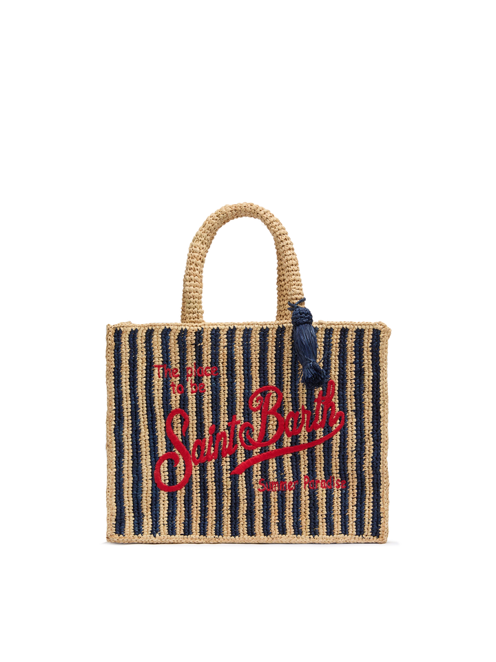 Colette Raffia navy blue striped handbag with logo  embroidery
