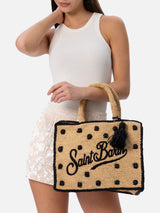 Borsa a mano Colette in rafia beige naturale con applicazioni a pois