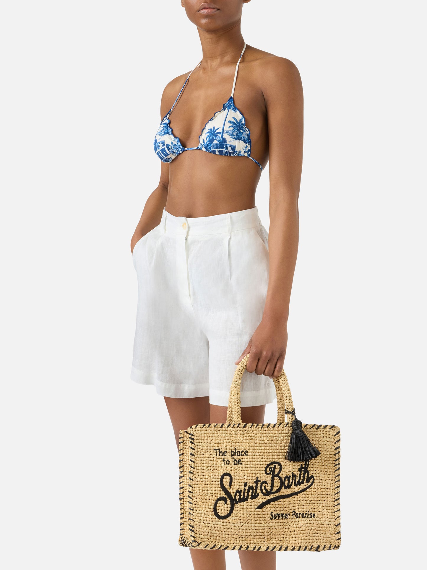 Colette raffia bag with embroidered logo and black contrast trim
