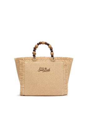 Colette Straw effect handbag with wooden beads and logo embroidery