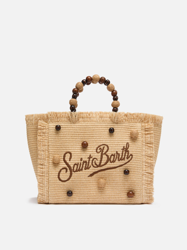 Colette Handtasche in Strohoptik mit Holzperlen und Logostickerei