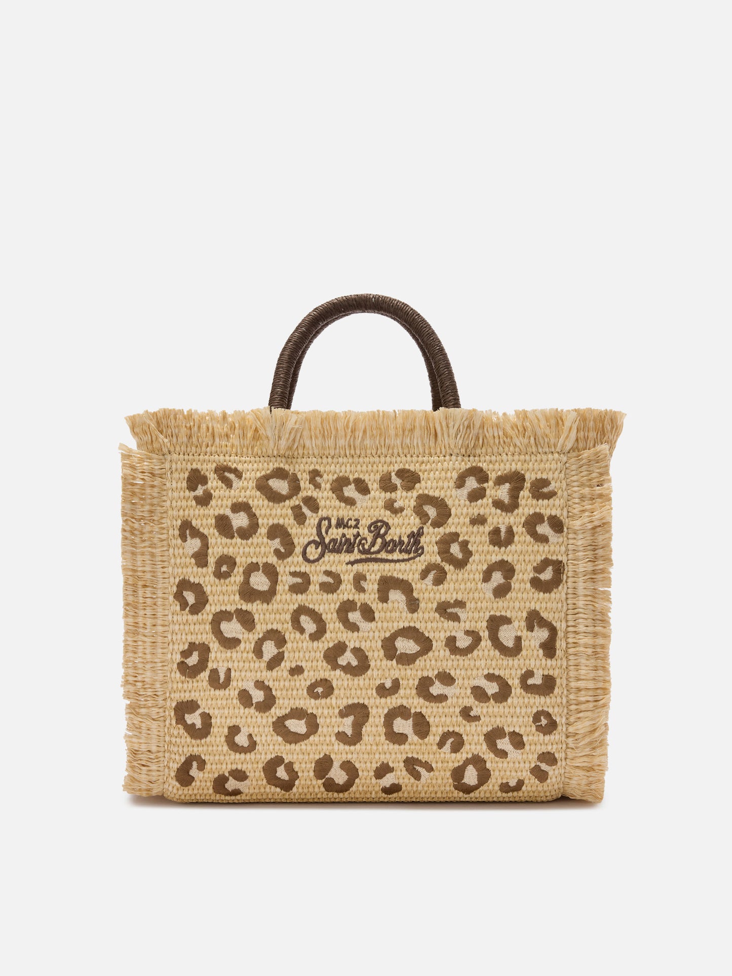 Colette straw effect bag with leopard embroidery