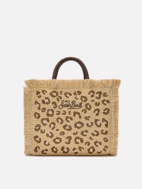 Colette straw effect bag with leopard embroidery