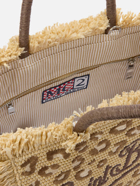 Colette straw effect bag with leopard embroidery