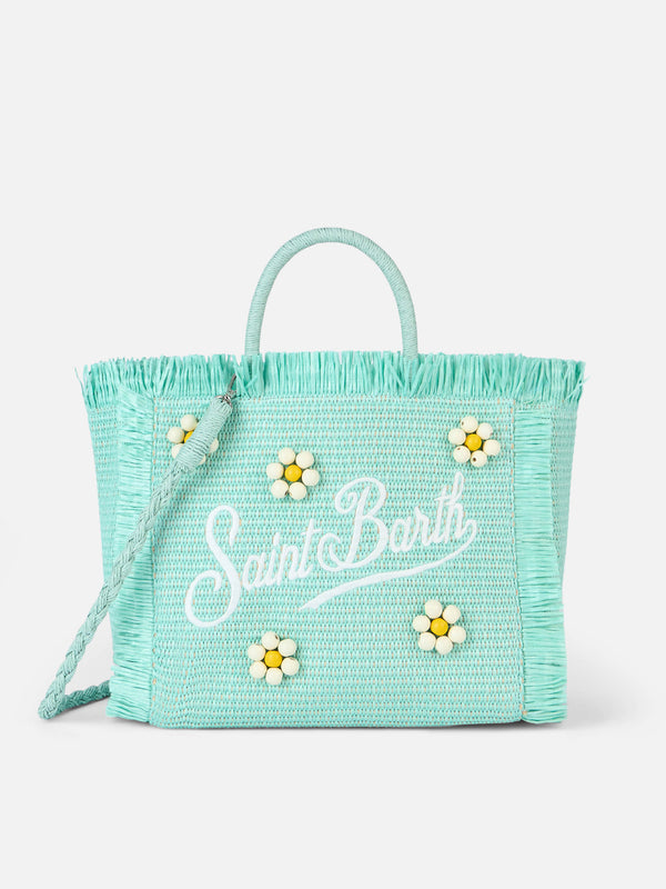 Wassergrüne Colette Strohhandtasche mit Blumenholzperlenverzierung