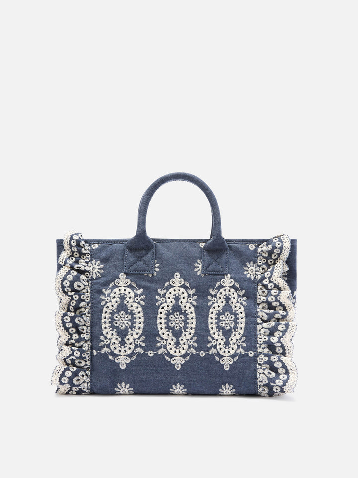 Colette Volant Tasche aus Dark-Wash-Denim mit dekorativer Stickerei 
