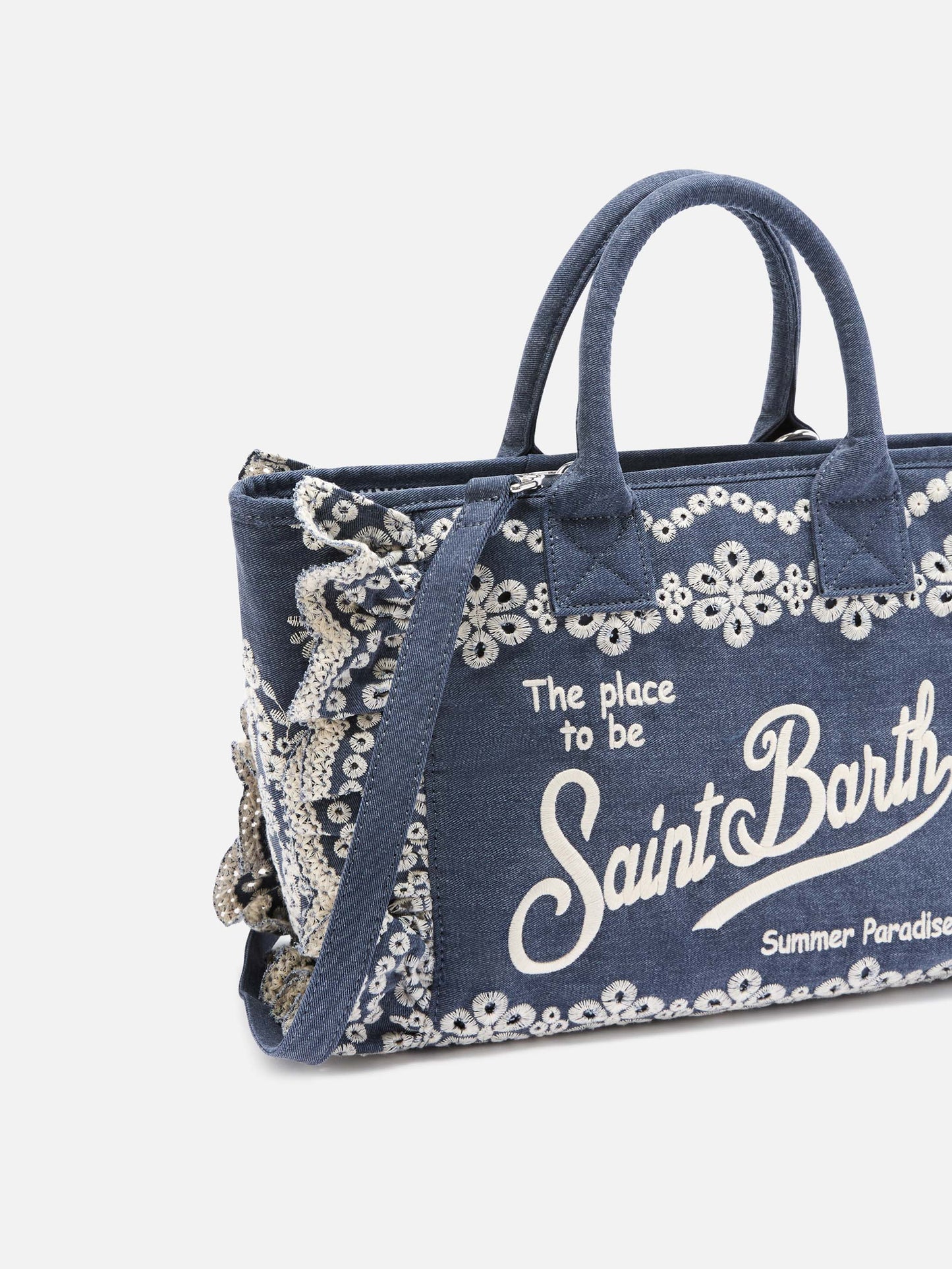 Colette Volant Tasche aus Dark-Wash-Denim mit dekorativer Stickerei 