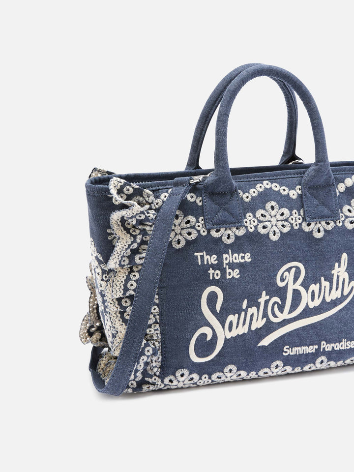 Colette Volant bag in dark wash denim with decorative embroidery