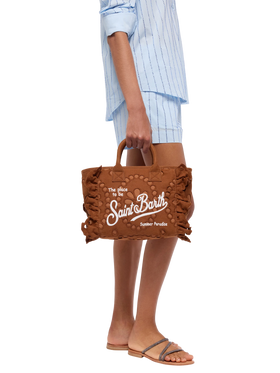 Colette camel brown handbag in Sangallo cotton lace with flounce