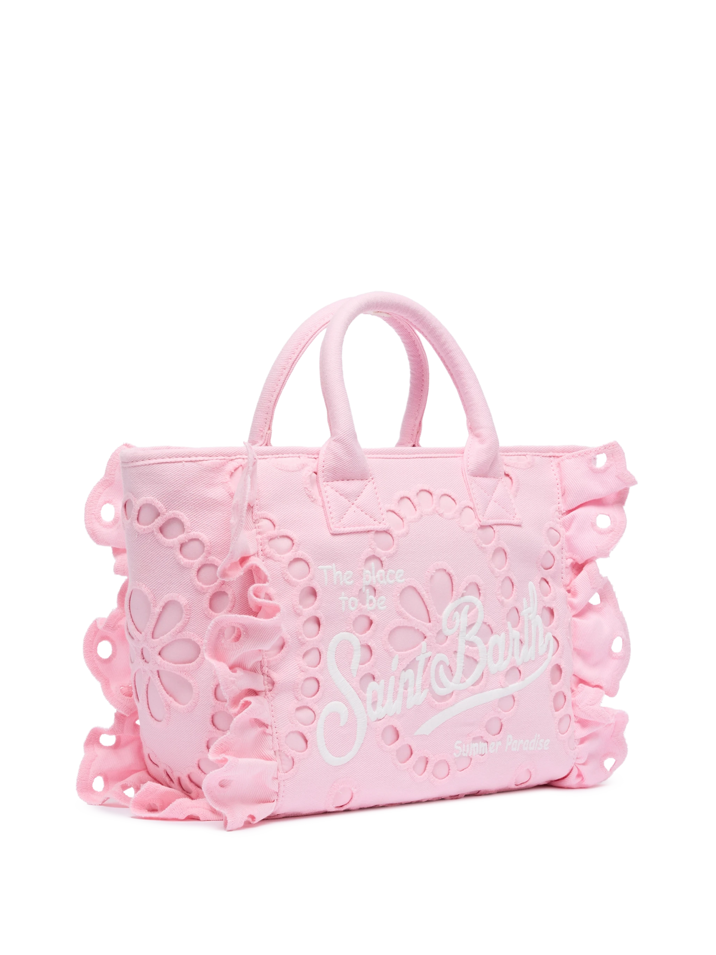 Borsa Colette rosa in pizzo di cotone Sangallo con balza