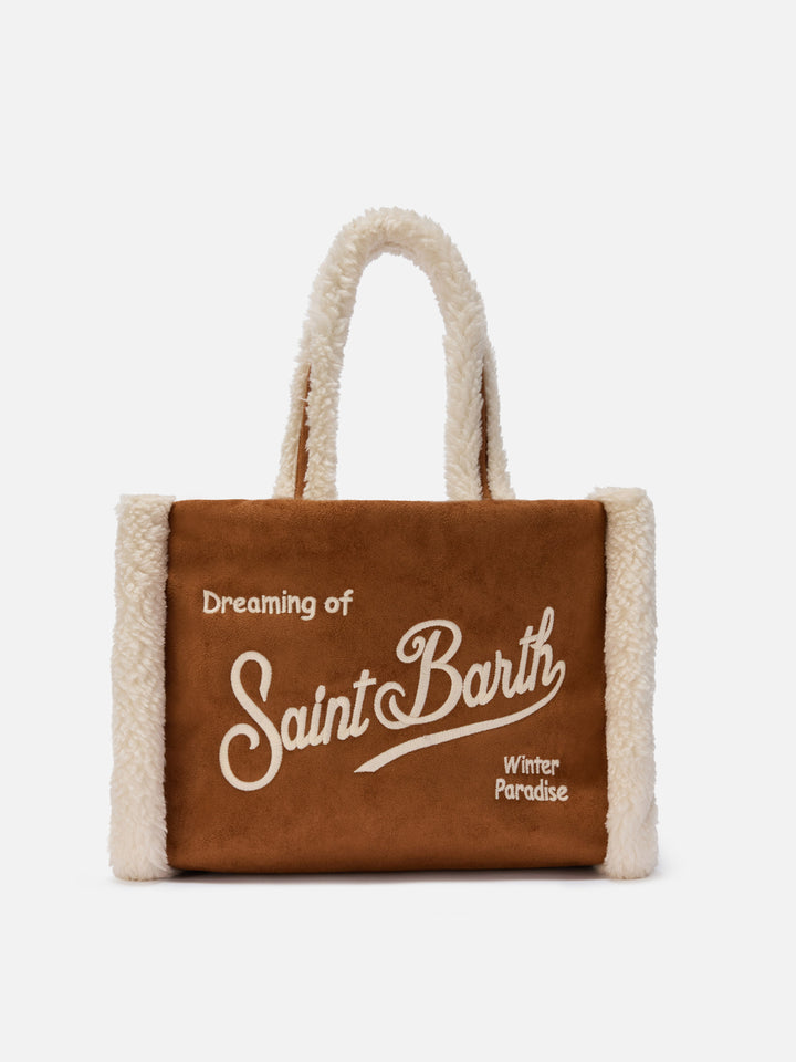 Colette Shearling Handbag in faux suede camel with shearling details