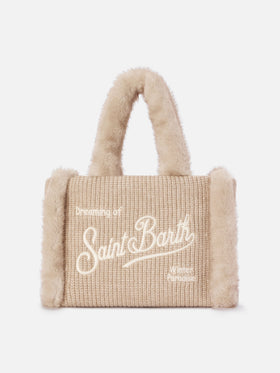 Beige gerippte Handtasche aus Faux-Shearling mit Logo-Stickerei Colette 
