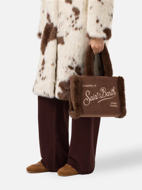 Colette Shearling Rib Handtasche aus geripptem braunem Wollmischgewebe und Shearling