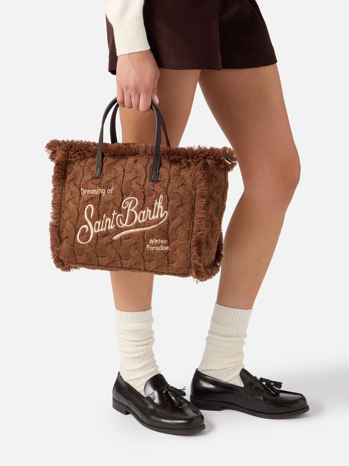 Braune Tasche Colette mit Zopfmuster-Design und Lurex-Stickerei 
