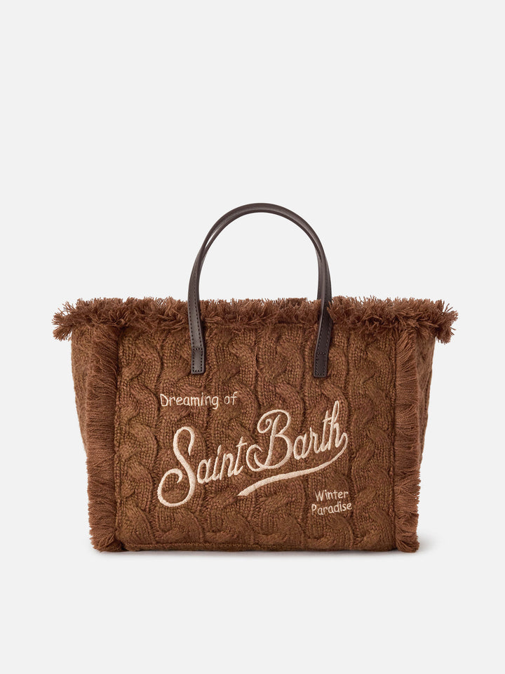 Brown Colette bag with cable knit design and lurex embroidery
