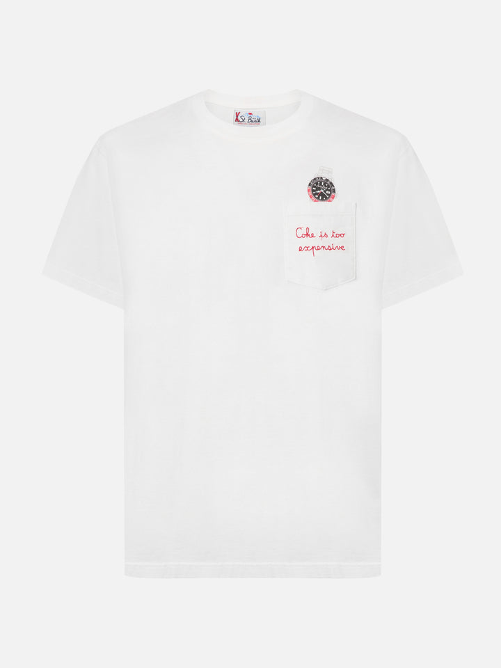 Connor cotton T-shirt in white with Coke is too expensive pocket embroidery