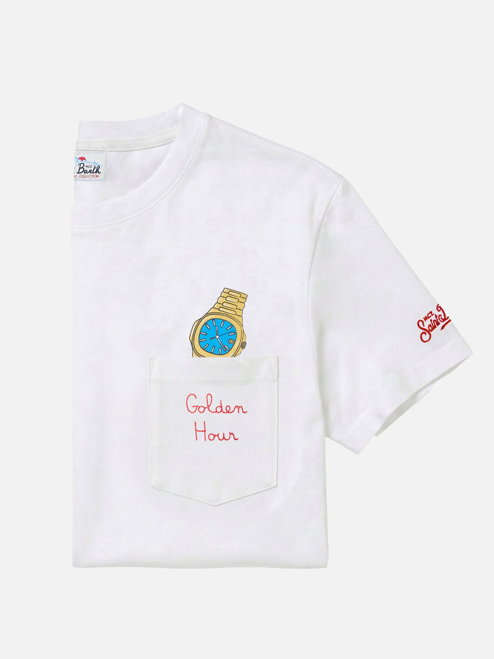 T-shirt Connor in cotone bianco con ricamo sul taschino Golden hour