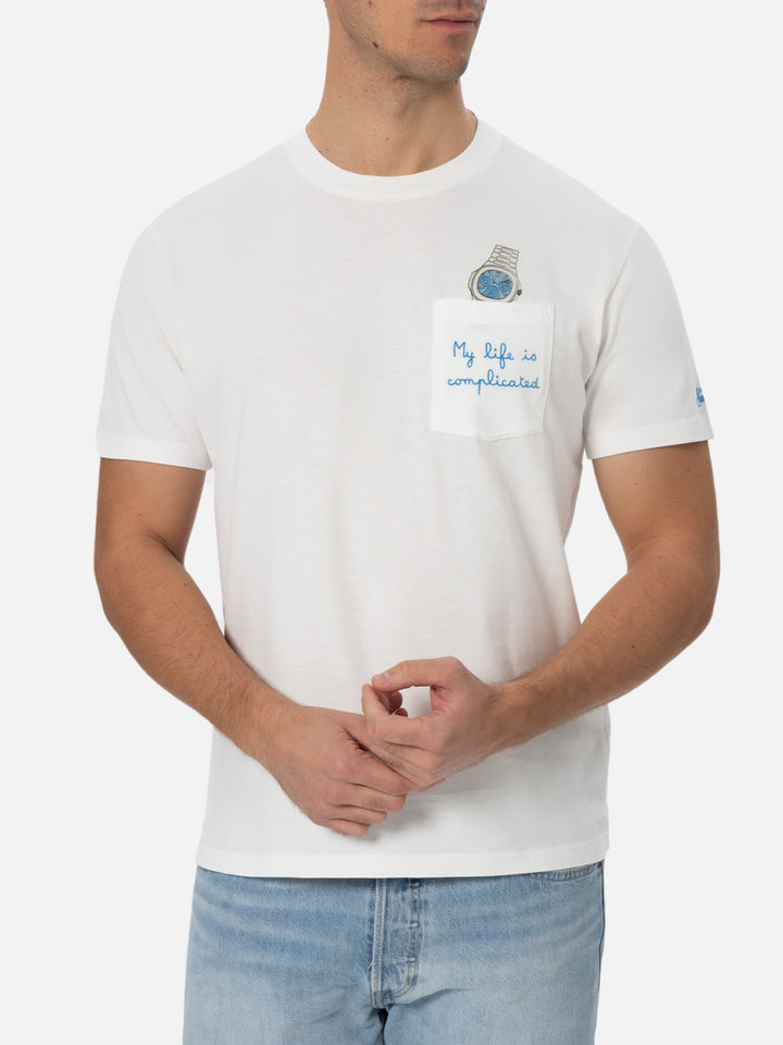 Weißes Baumwoll-T-Shirt für Herren von Connor mit „My Life is Complicated“-Stickerei