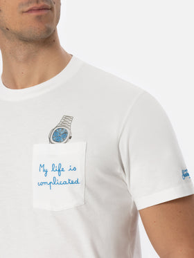 Weißes Baumwoll-T-Shirt für Herren von Connor mit „My Life is Complicated“-Stickerei