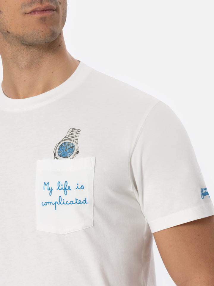 Weißes Baumwoll-T-Shirt für Herren von Connor mit „My Life is Complicated“-Stickerei