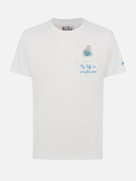 Weißes Baumwoll-T-Shirt für Herren von Connor mit „My Life is Complicated“-Stickerei