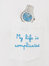 Man white cotton t-shirt Connor with My Life is Complicated embroidery