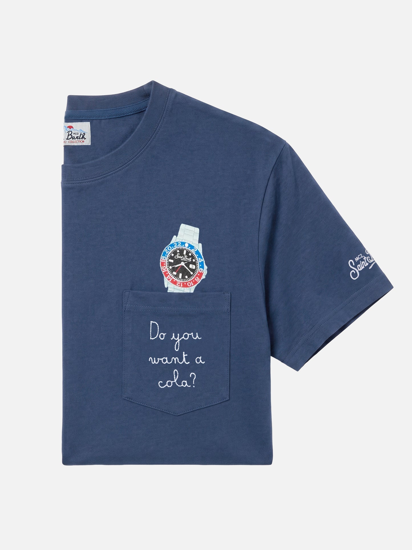 T-shirt Connor en coton bleu avec broderie de poche Do you want a cola? 