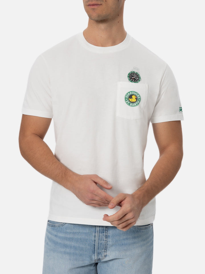 T-shirt bianca da uomo in cotone Connor con stampa papera e orologio
