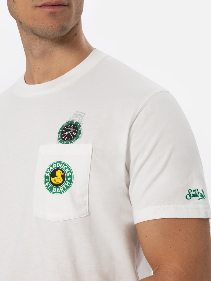 T-shirt bianca da uomo in cotone Connor con stampa papera e orologio