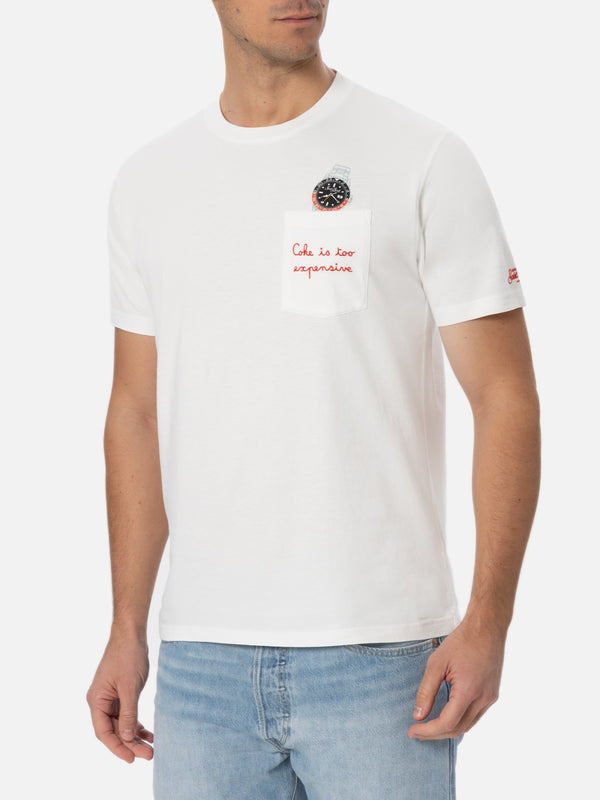 Man white cotton t-shirt Connor with coke is expensive embroidery