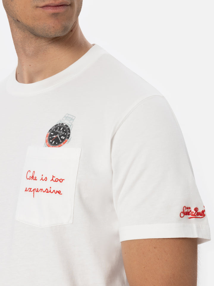 Weißes Baumwoll-T-Shirt für Herren von Connor mit „Cola ist teuer“-Stickerei