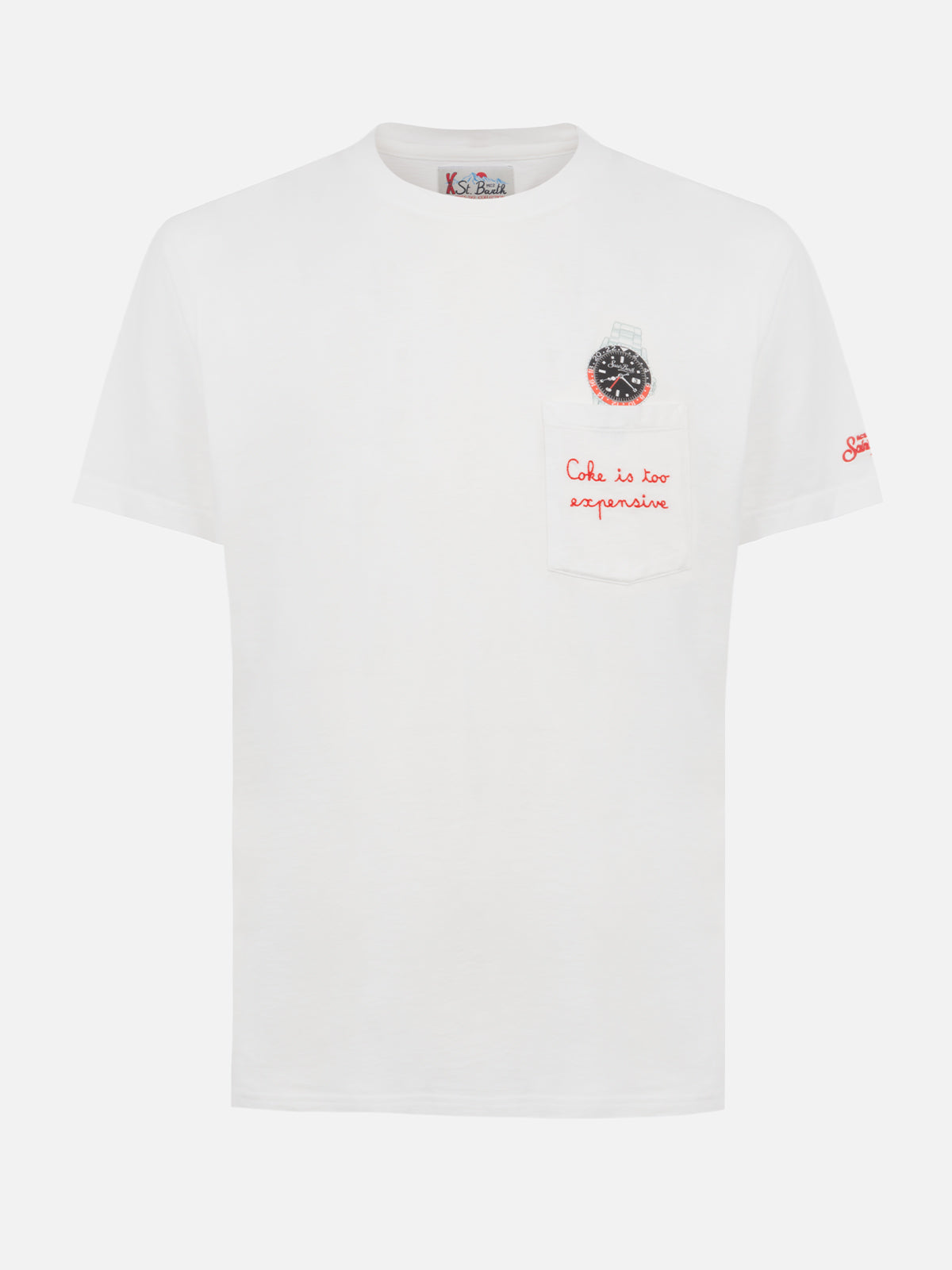 Weißes Baumwoll-T-Shirt für Herren von Connor mit „Cola ist teuer“-Stickerei