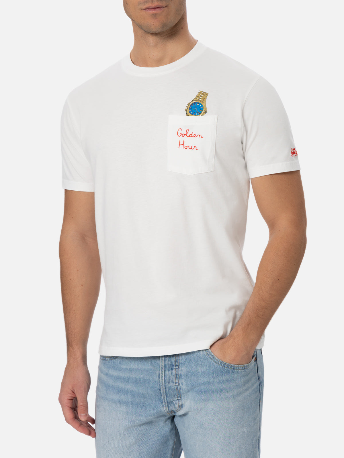 Weißes Baumwoll-T-Shirt für Herren „Connor“ mit „Golden Hour“-Stickerei