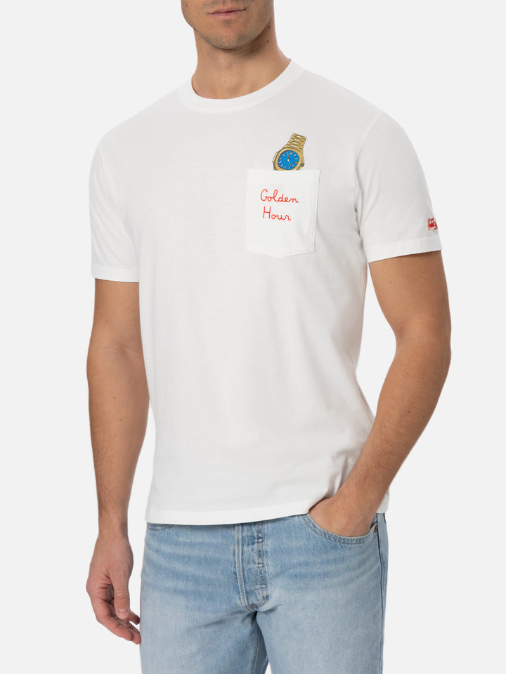 Weißes Baumwoll-T-Shirt für Herren „Connor“ mit „Golden Hour“-Stickerei