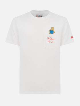 Weißes Baumwoll-T-Shirt für Herren „Connor“ mit „Golden Hour“-Stickerei