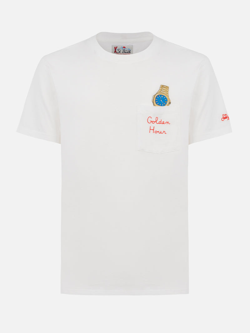 Man white cotton t-shirt Connor with Golden hour embroidery