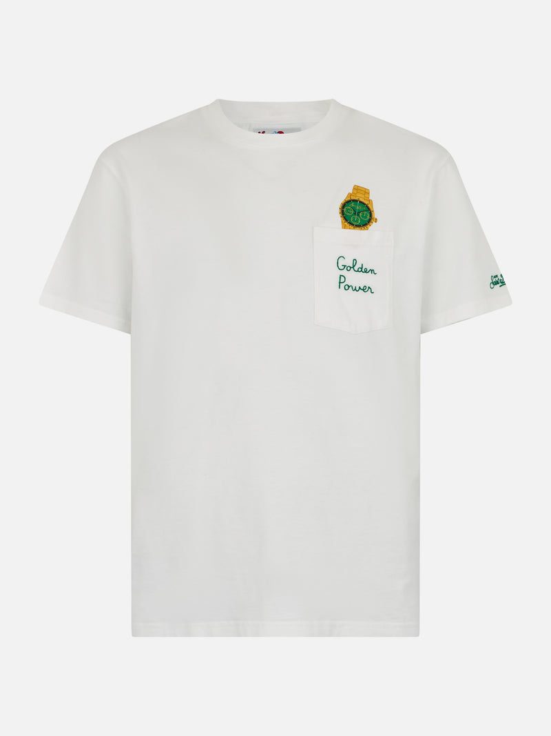 T-shirt da uomo in cotone bianco Connor con ricamo Golden Power