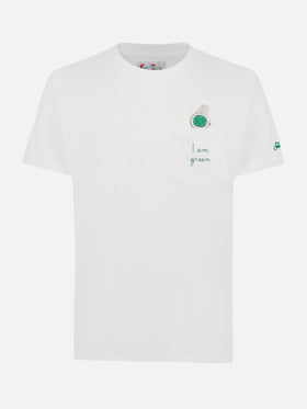 T-shirt bianca da uomo in cotone Connor con ricamo I am green