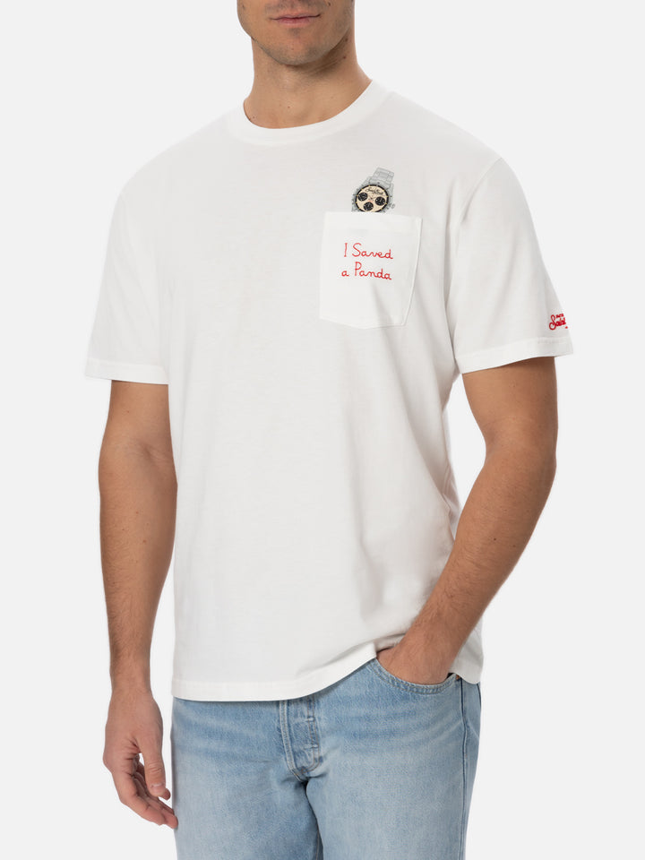 Weißes Baumwoll-T-Shirt für Herren „Connor“ mit „I saved a panda“-Stickerei