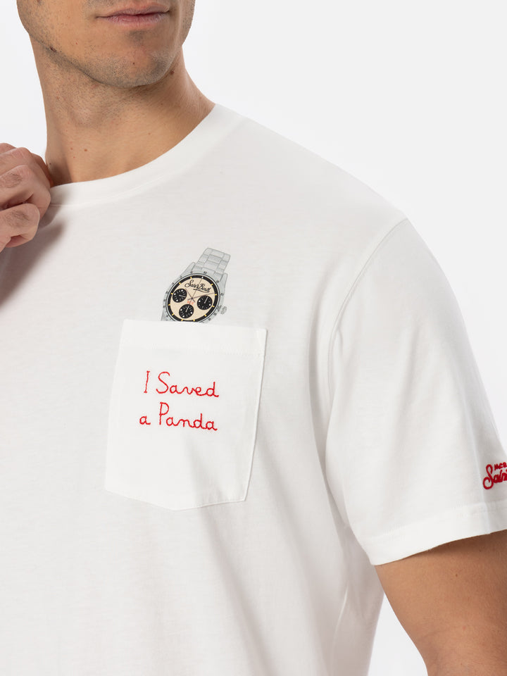 Weißes Baumwoll-T-Shirt für Herren „Connor“ mit „I saved a panda“-Stickerei