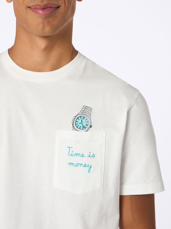 T-shirt da uomo in cotone bianco Connor con ricamo Time is money