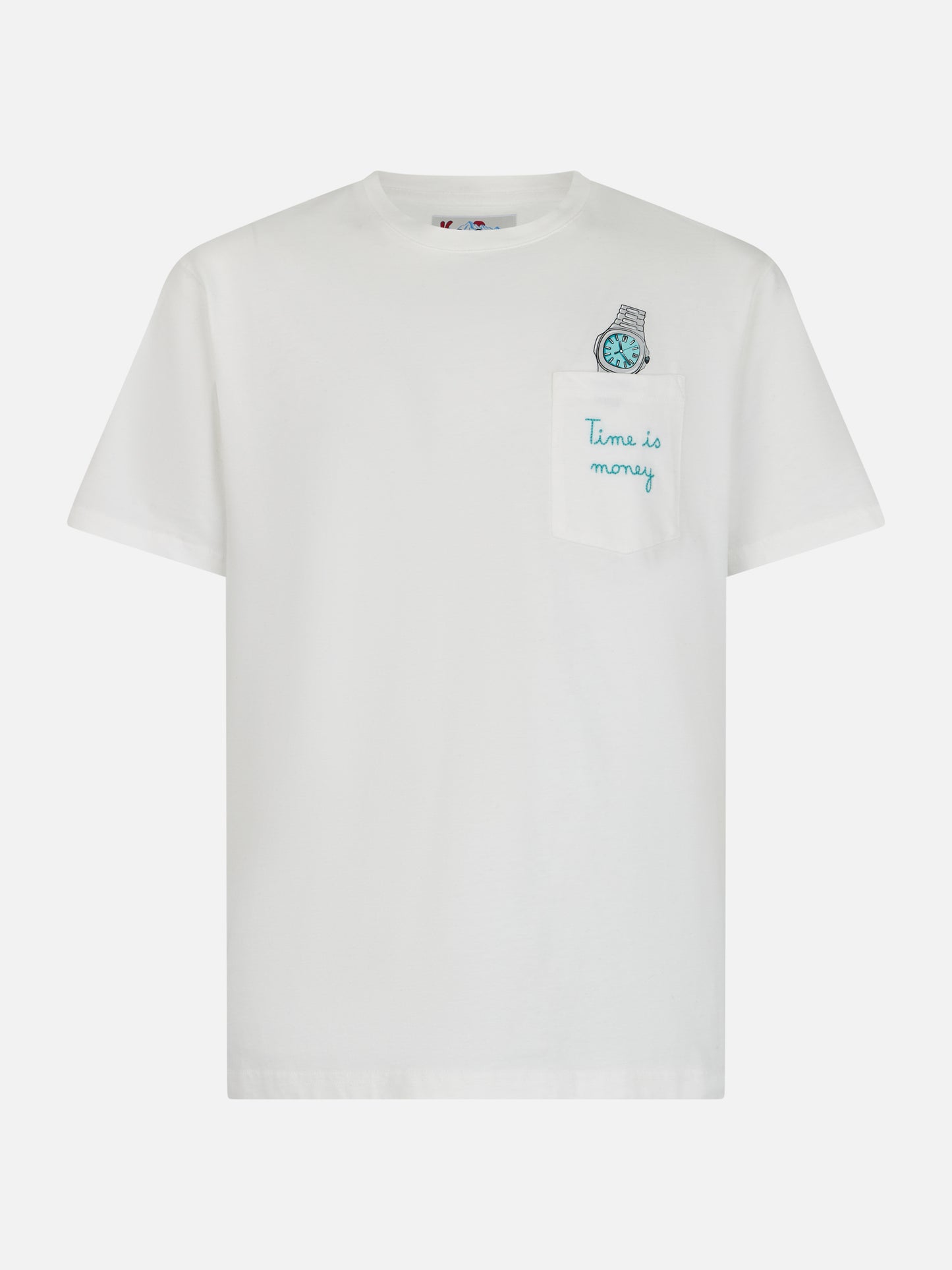 Weißes Baumwoll-T-Shirt für Herren „Connor“ mit „Time is money“-Stickerei