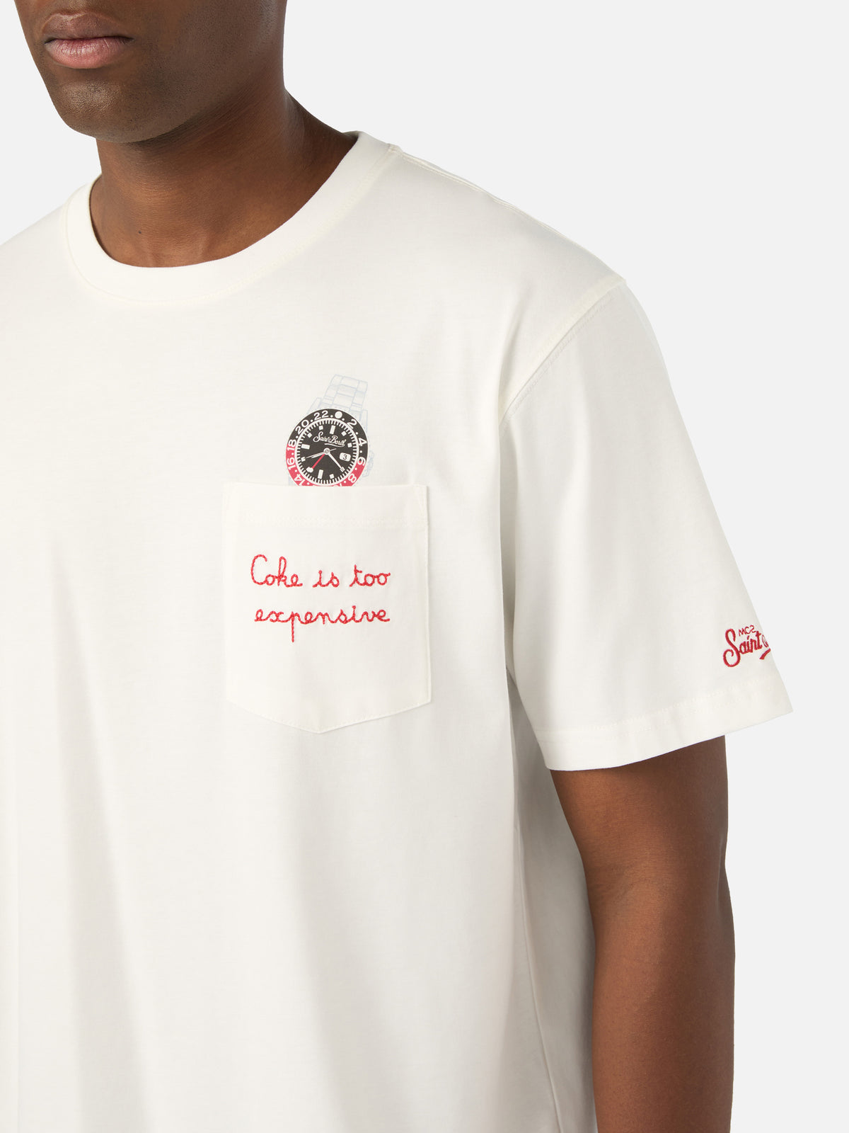 White Connor cotton t-shirt with watch print and Cara Ho Un Expensive embroidery
