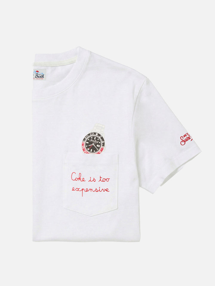 T-shirt Connor bianca in cotone con stampa orologio e ricamo Cara Ho Un Expensive